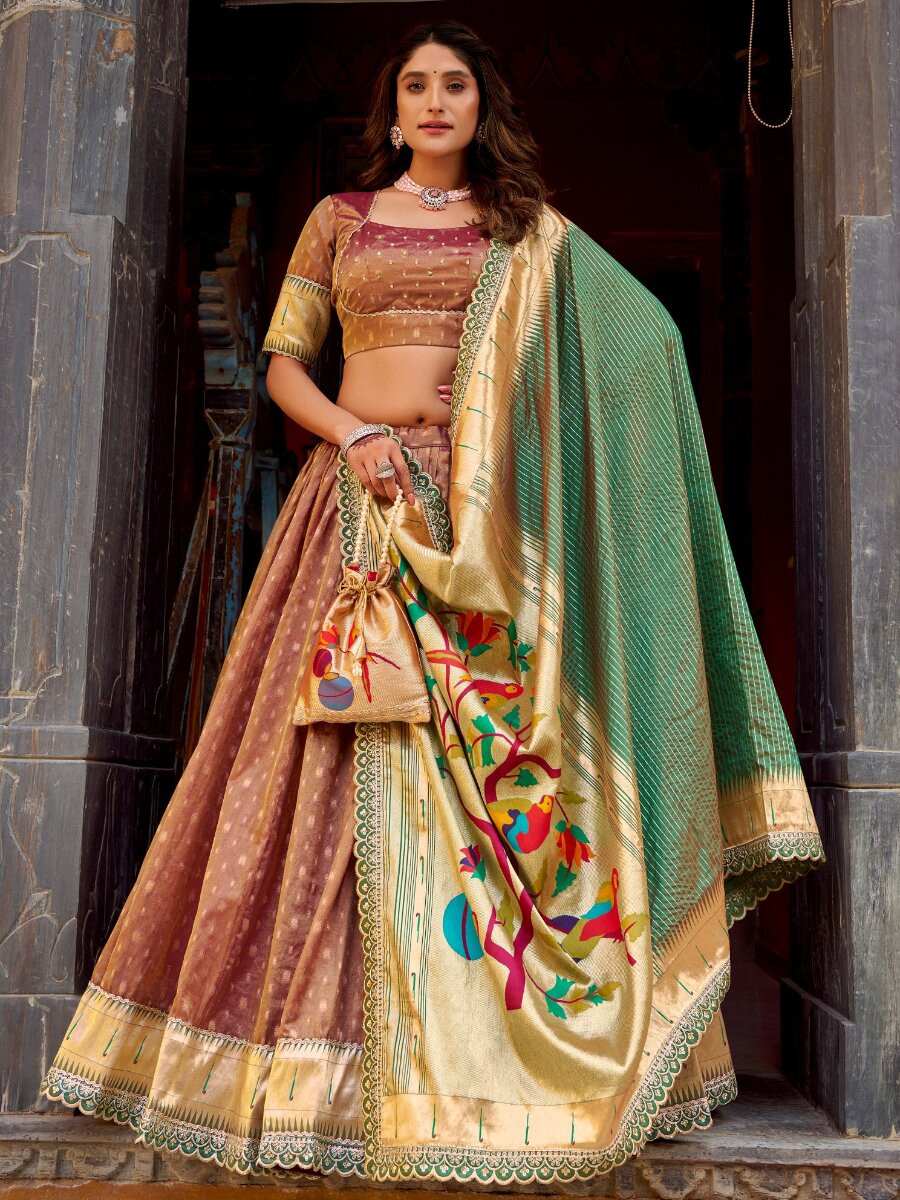 Peach Pink Simmer Organza Zari Sequins Wedding Party Festival Circular Lehenga Choli