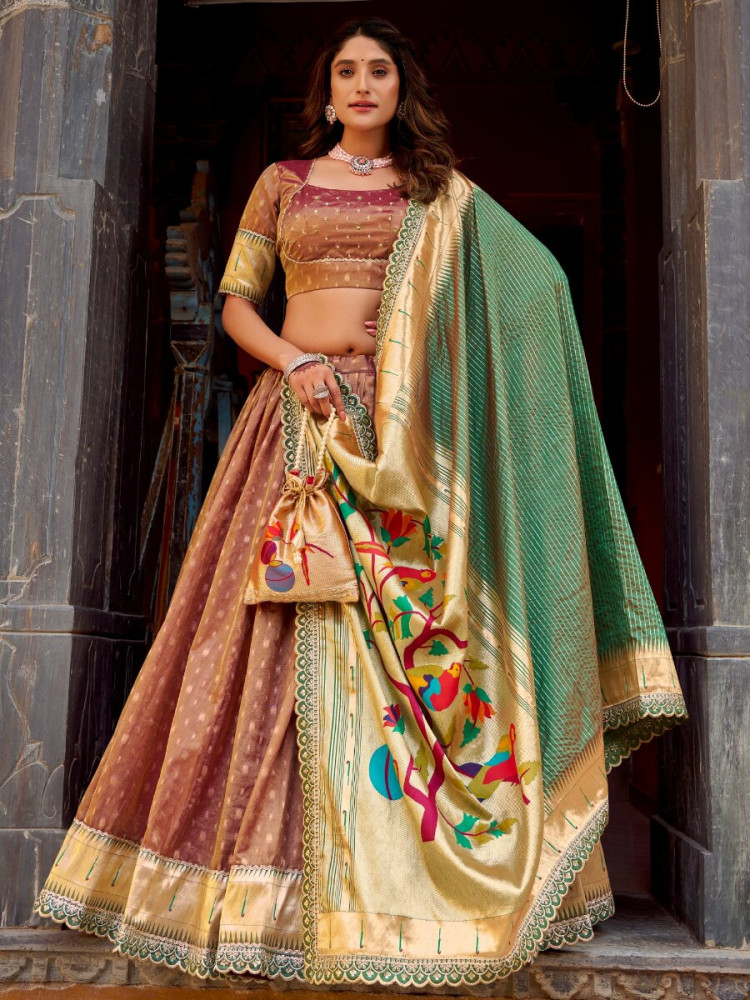 Image of Peach Pink Simmer Organza Zari Sequins Wedding Party Festival Circular Lehenga Choli