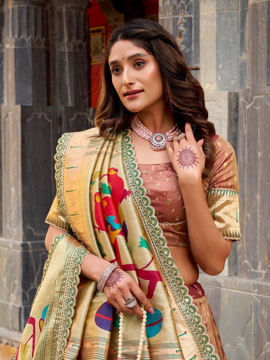 Peach Pink Simmer Organza Zari Sequins Wedding Party Festival Circular Lehenga Choli