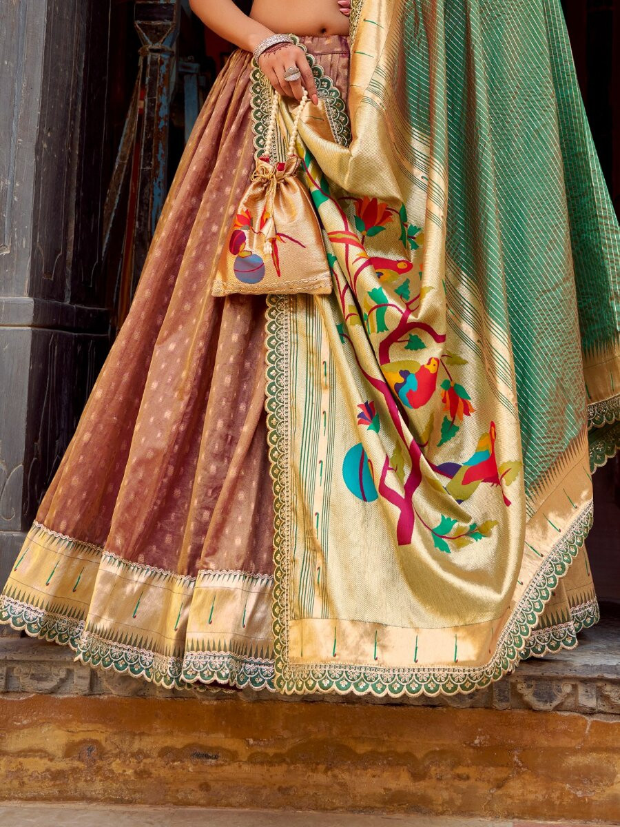 Peach Pink Simmer Organza Zari Sequins Wedding Party Festival Circular Lehenga Choli