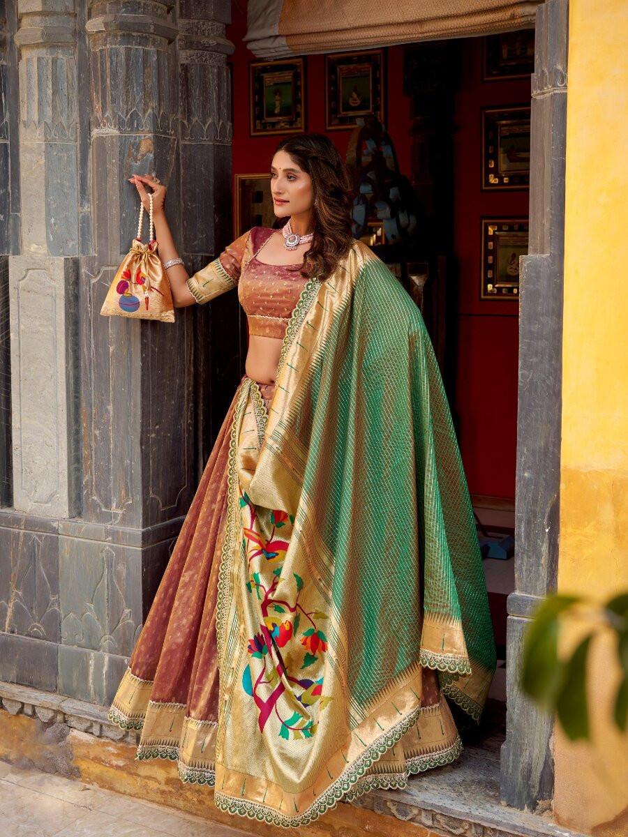 Peach Pink Simmer Organza Zari Sequins Wedding Party Festival Circular Lehenga Choli