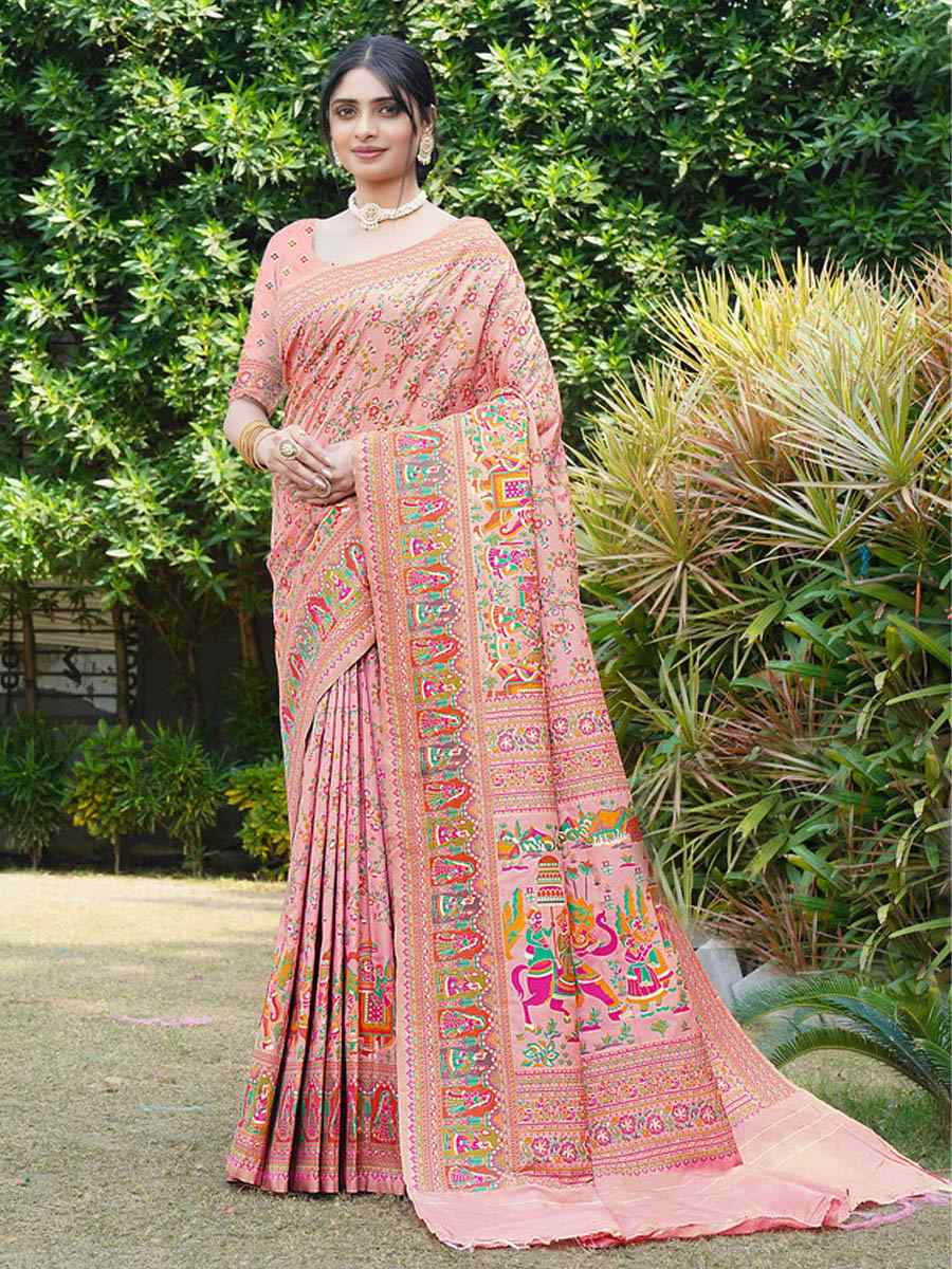 Peach Pink Soft Pure Silk Handwoven Festival Wedding Fancy Heavy Border Saree