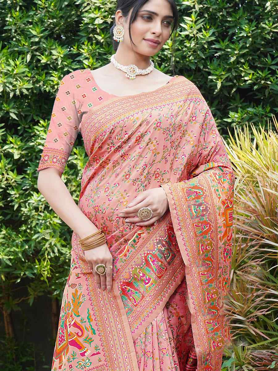 Peach Pink Soft Pure Silk Handwoven Festival Wedding Fancy Heavy Border Saree