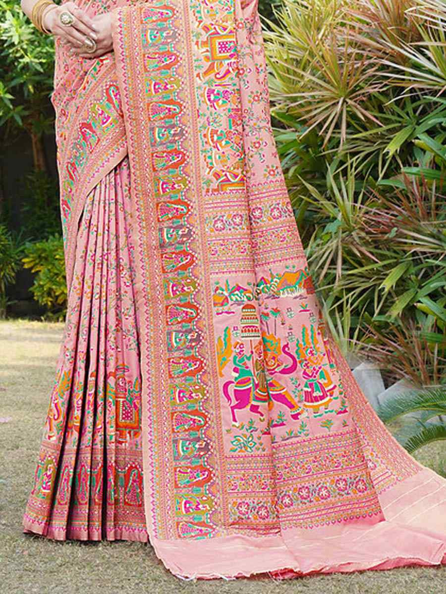 Peach Pink Soft Pure Silk Handwoven Festival Wedding Fancy Heavy Border Saree