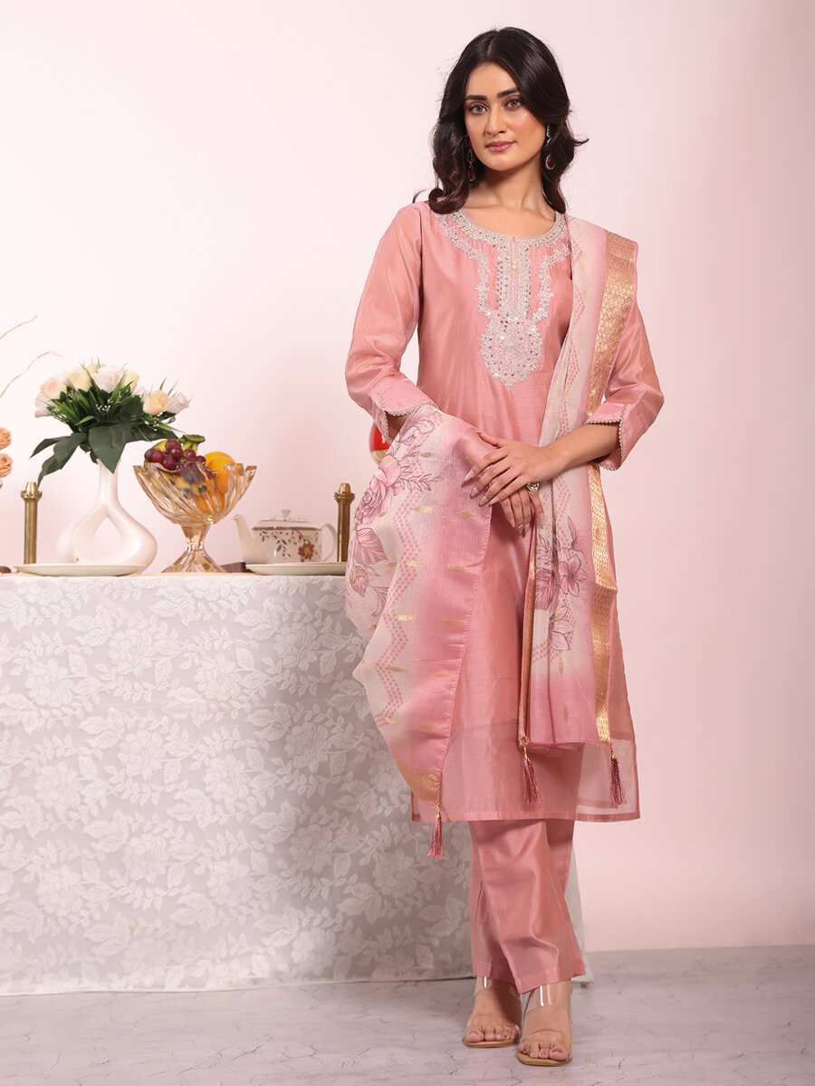 Peach Poly Silk Embroidery Sequins Wedding Party Festival Casual Ready Pant Salwar Kameez
