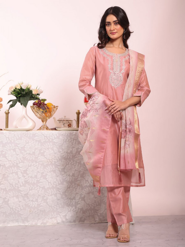 Image of Peach Poly Silk Embroidery Sequins Wedding Party Festival Casual Ready Pant Salwar Kameez