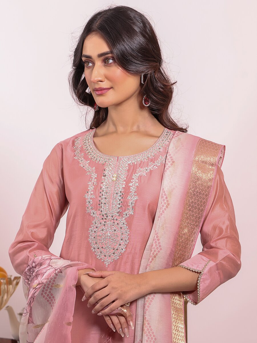Peach Poly Silk Embroidery Sequins Wedding Party Festival Casual Ready Pant Salwar Kameez