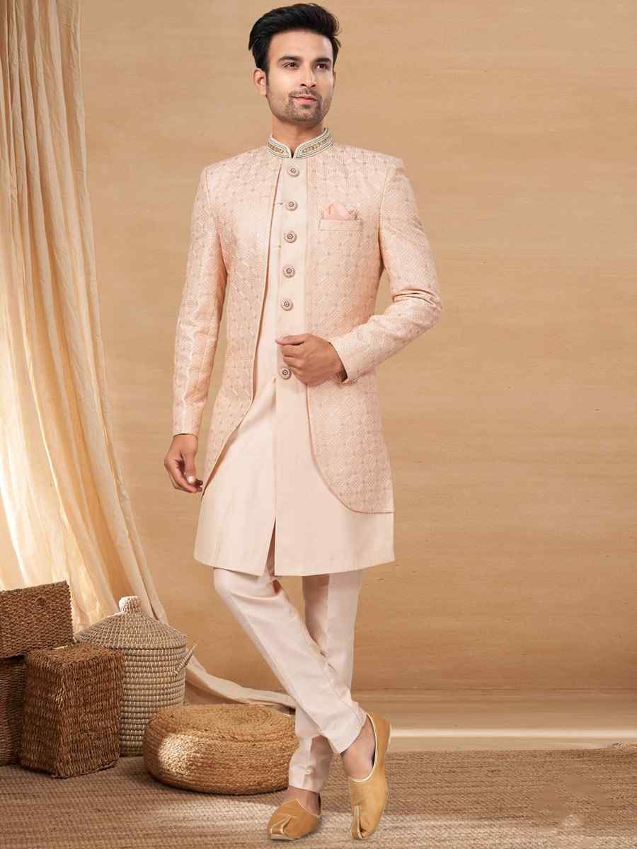 Peach Poly Styrene Woven Festival Wedding Sherwani