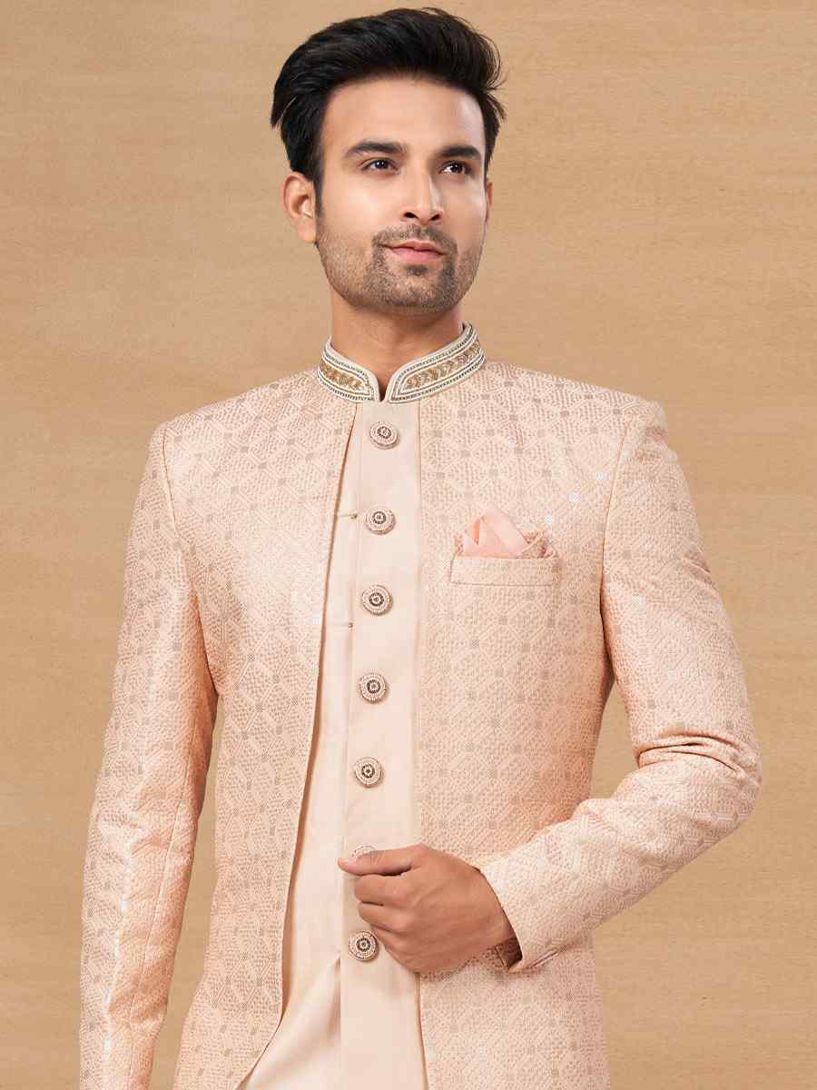 Peach Poly Styrene Woven Festival Wedding Sherwani