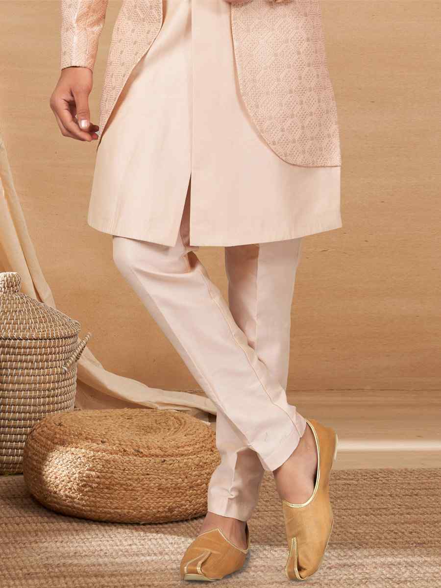 Peach Poly Styrene Woven Festival Wedding Sherwani