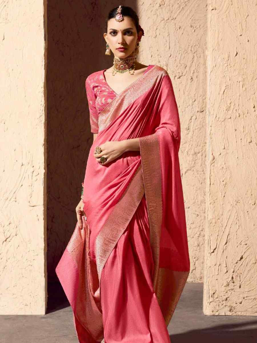 Peach Premium Crepe Georgette Handwoven Traditional Bridal Reception Festival Wedding Fancy Heavy Border Saree