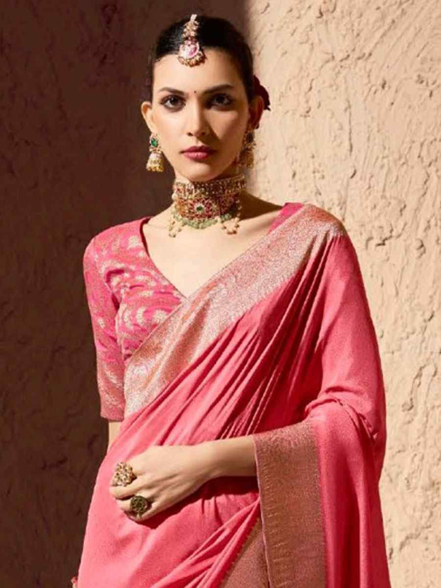 Peach Premium Crepe Georgette Handwoven Traditional Bridal Reception Festival Wedding Fancy Heavy Border Saree