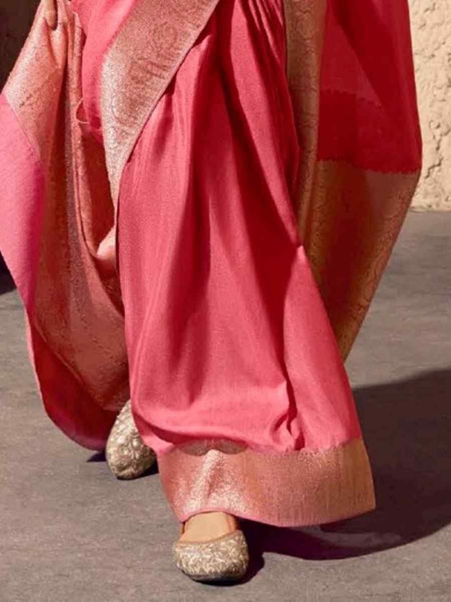 Peach Premium Crepe Georgette Handwoven Traditional Bridal Reception Festival Wedding Fancy Heavy Border Saree