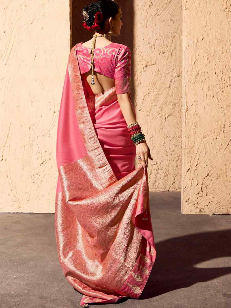 Peach Premium Crepe Georgette Handwoven Traditional Bridal Reception Festival Wedding Fancy Heavy Border Saree