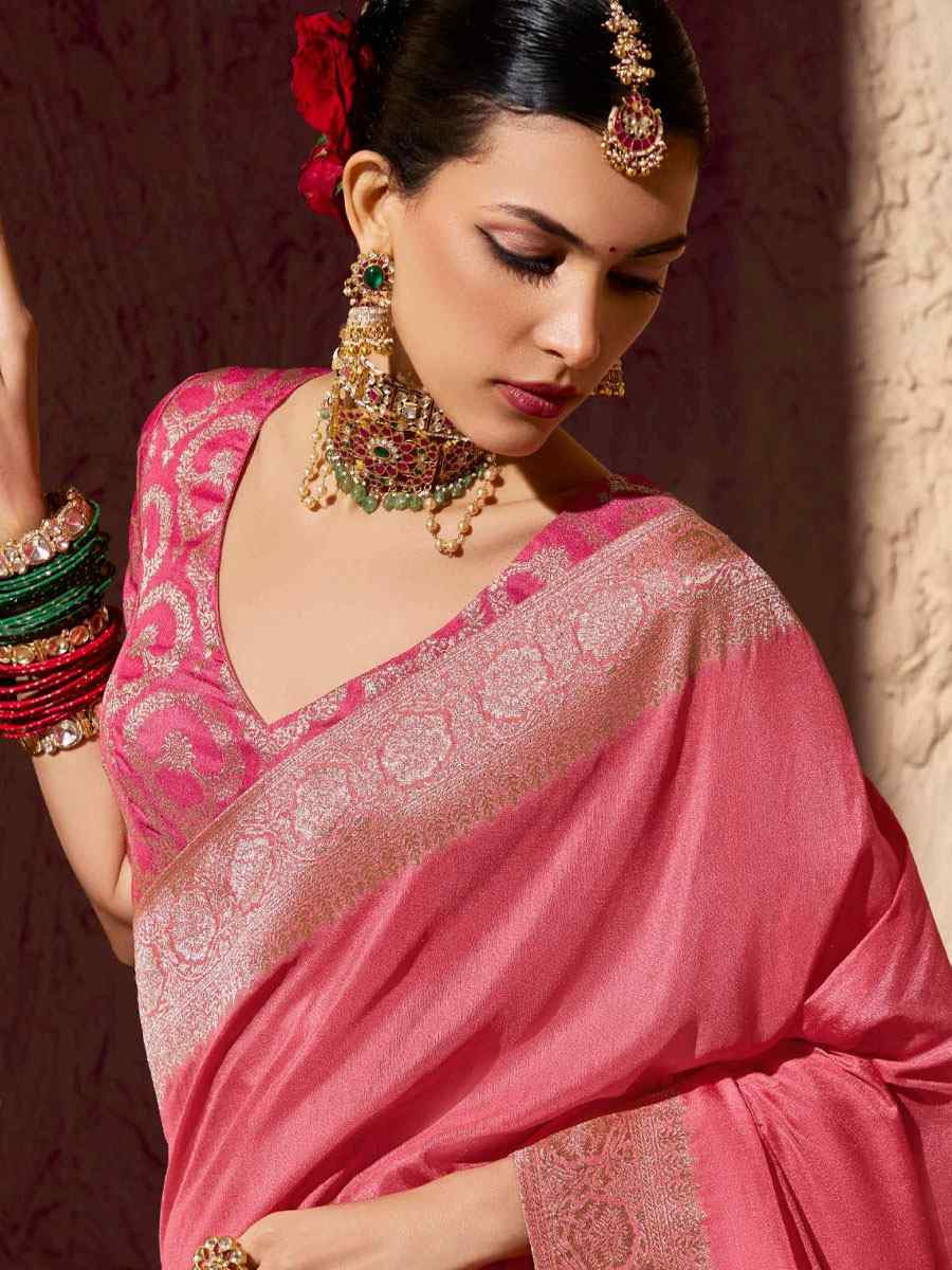 Peach Premium Crepe Georgette Handwoven Traditional Bridal Reception Festival Wedding Fancy Heavy Border Saree