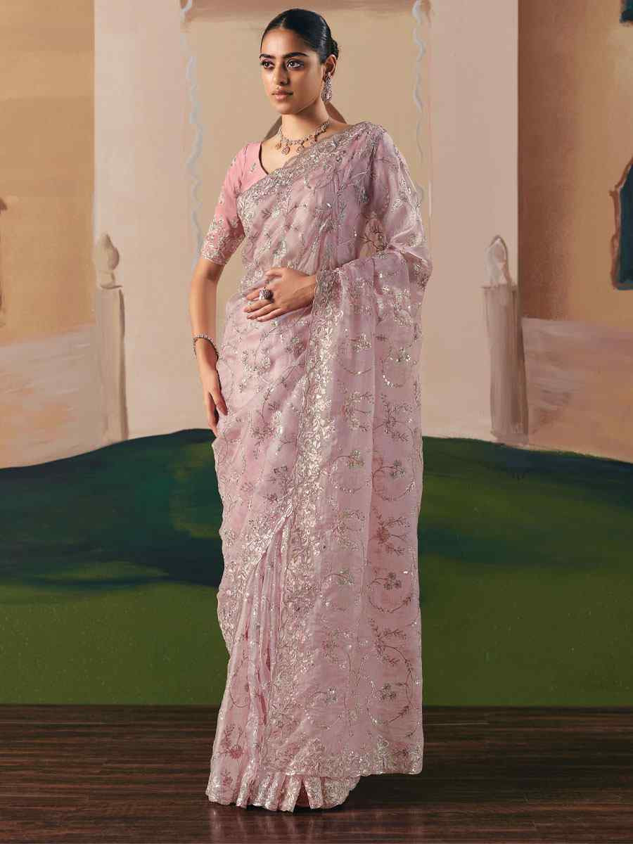 Peach Premium Fancy Silk Embroidery Bridal Reception Festival Wedding Fancy Heavy Border Saree