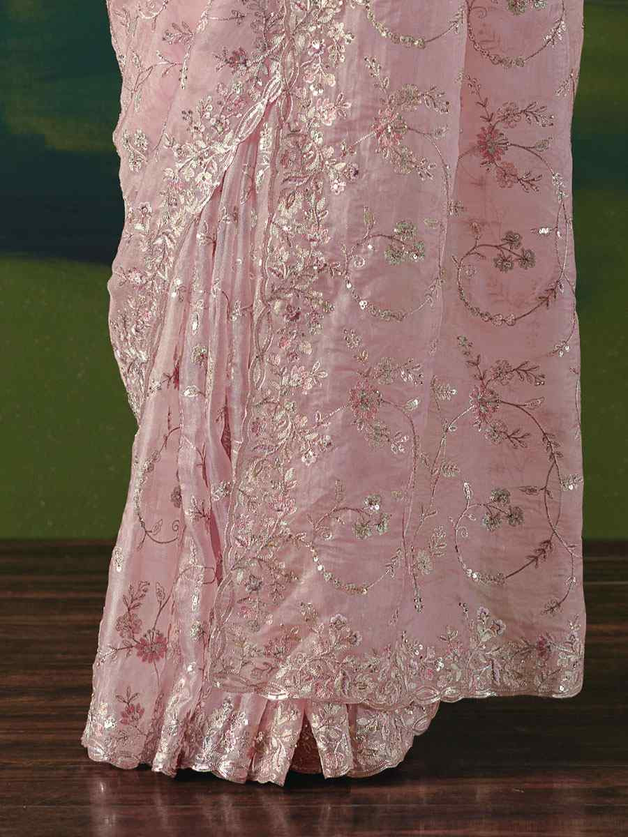 Peach Premium Fancy Silk Embroidery Bridal Reception Festival Wedding Fancy Heavy Border Saree