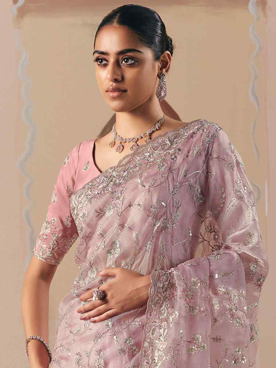 Peach Premium Fancy Silk Embroidery Bridal Reception Festival Wedding Fancy Heavy Border Saree