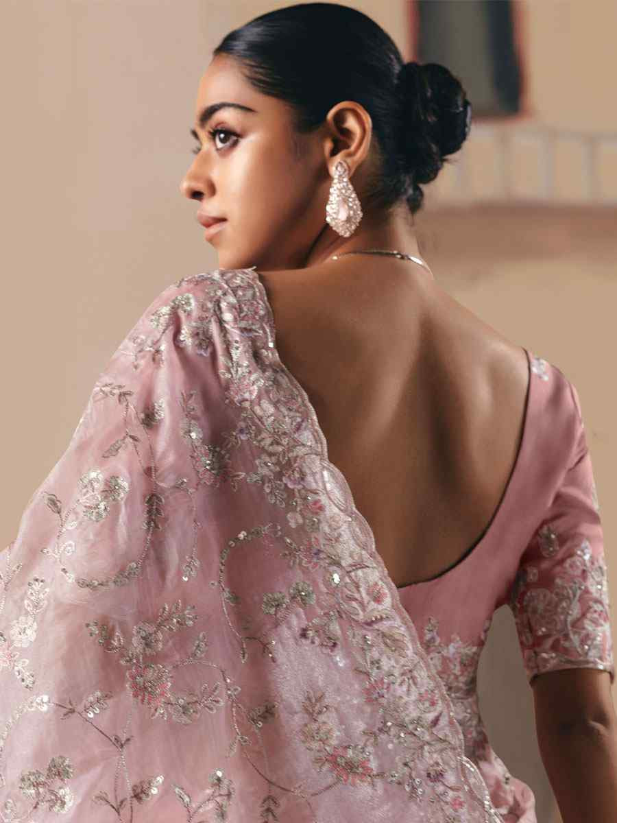 Peach Premium Fancy Silk Embroidery Bridal Reception Festival Wedding Fancy Heavy Border Saree