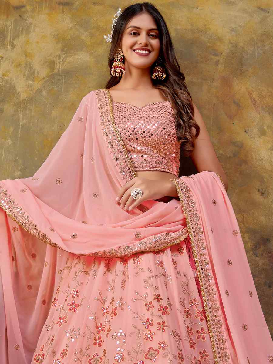 Peach Premium Georgette Embroidered Bridesmaid Wedding Heavy Border Lehenga Choli
