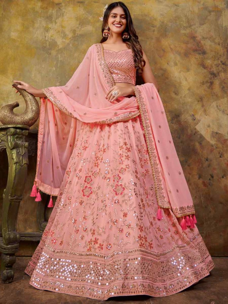 Peach Premium Georgette Embroidered Bridesmaid Wedding Heavy Border Lehenga Choli