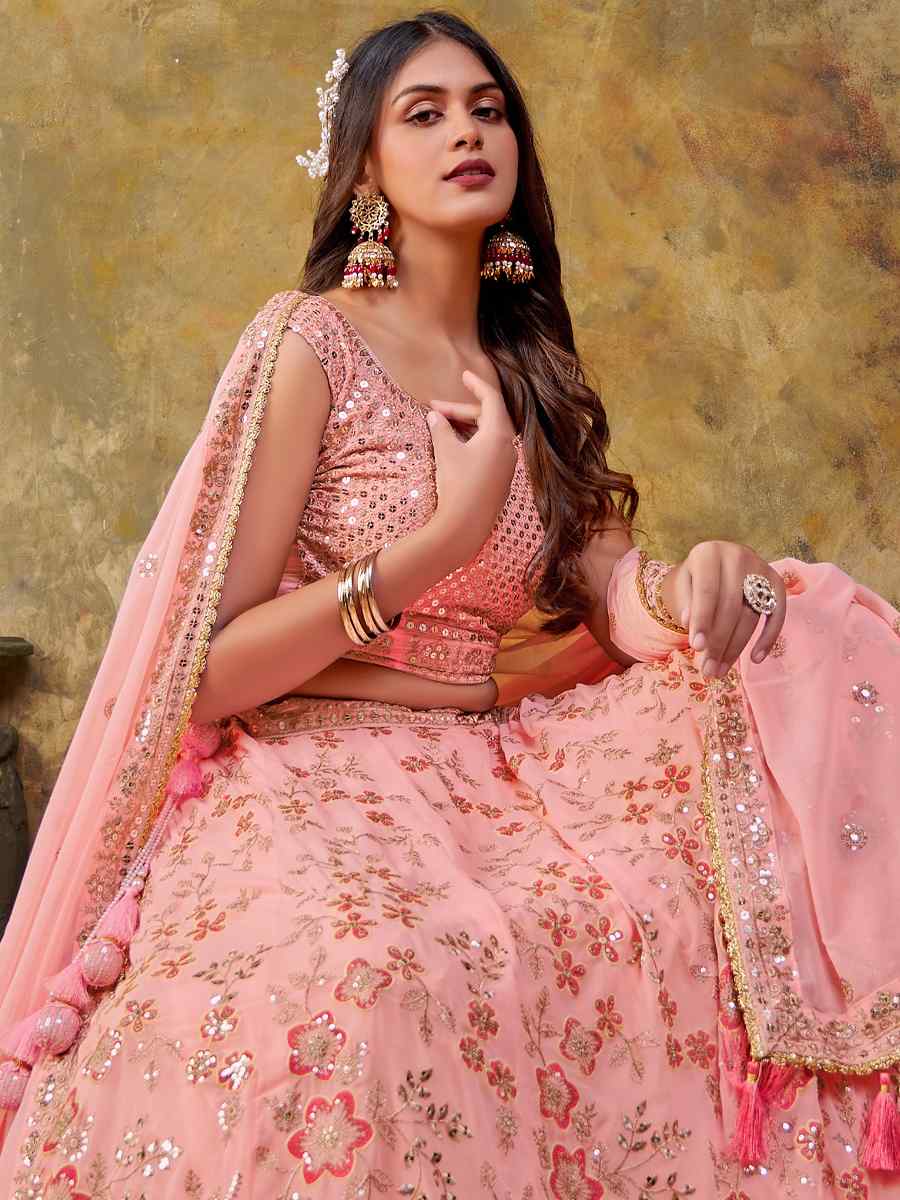 Peach Premium Georgette Embroidered Bridesmaid Wedding Heavy Border Lehenga Choli