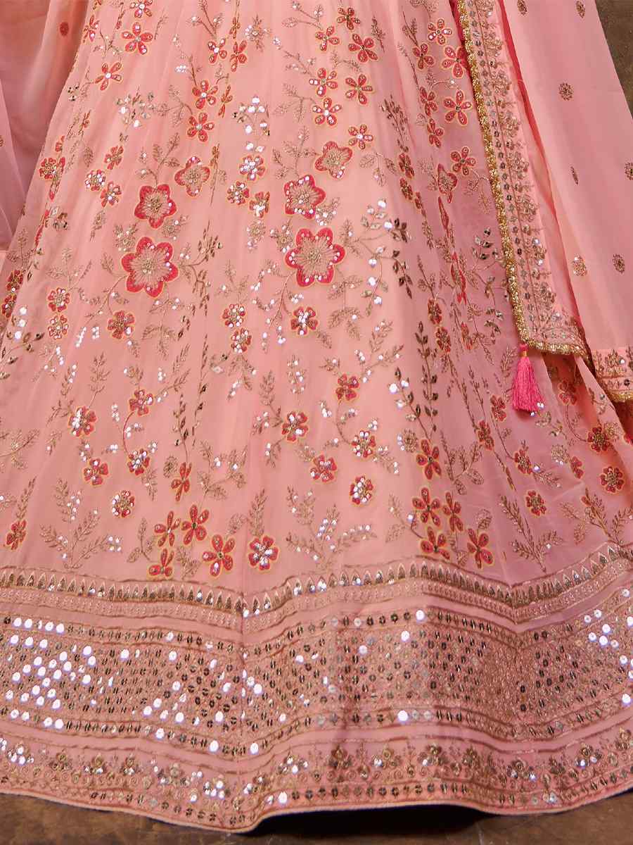 Peach Premium Georgette Embroidered Bridesmaid Wedding Heavy Border Lehenga Choli