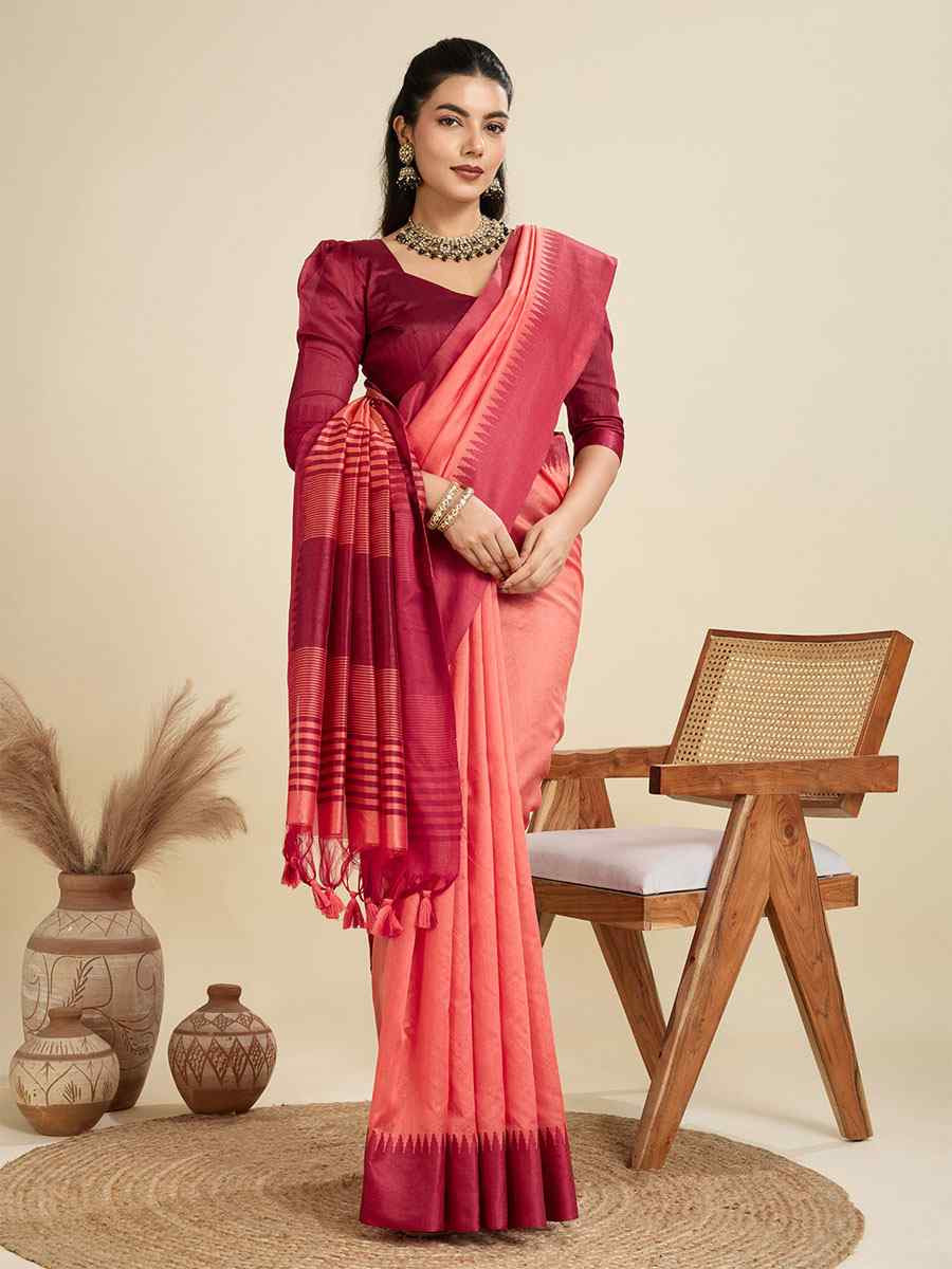 Peach Premium Khadi Raw Silk Zari Handwoven Casual Reception Festival Wedding Fancy Classic Style Sarees