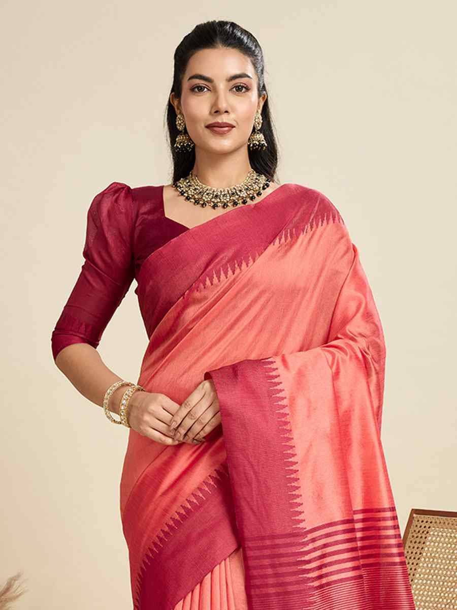 Peach Premium Khadi Raw Silk Zari Handwoven Casual Reception Festival Wedding Fancy Classic Style Sarees