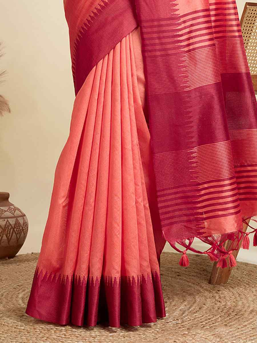 Peach Premium Khadi Raw Silk Zari Handwoven Casual Reception Festival Wedding Fancy Classic Style Sarees