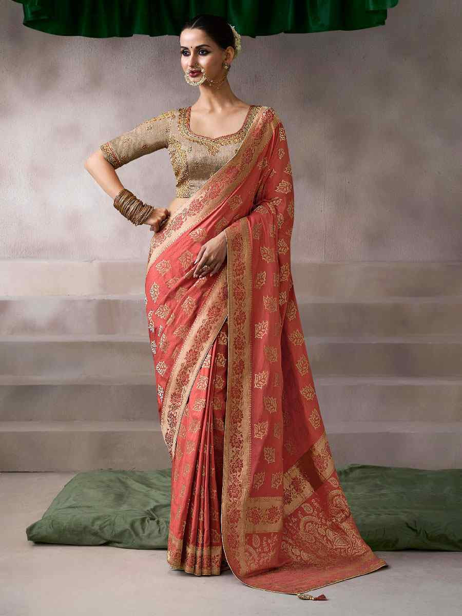 Peach Premium Pure Crepe Zari Handwoven Embroidery Bridal Reception Festival Wedding Fancy Heavy Border Sarees