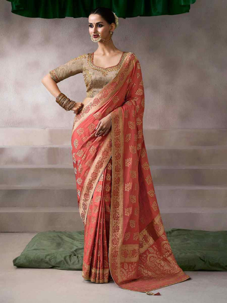 Image of Peach Premium Pure Crepe Zari Handwoven Embroidery Bridal Reception Festival Wedding Fancy Heavy Border Sarees