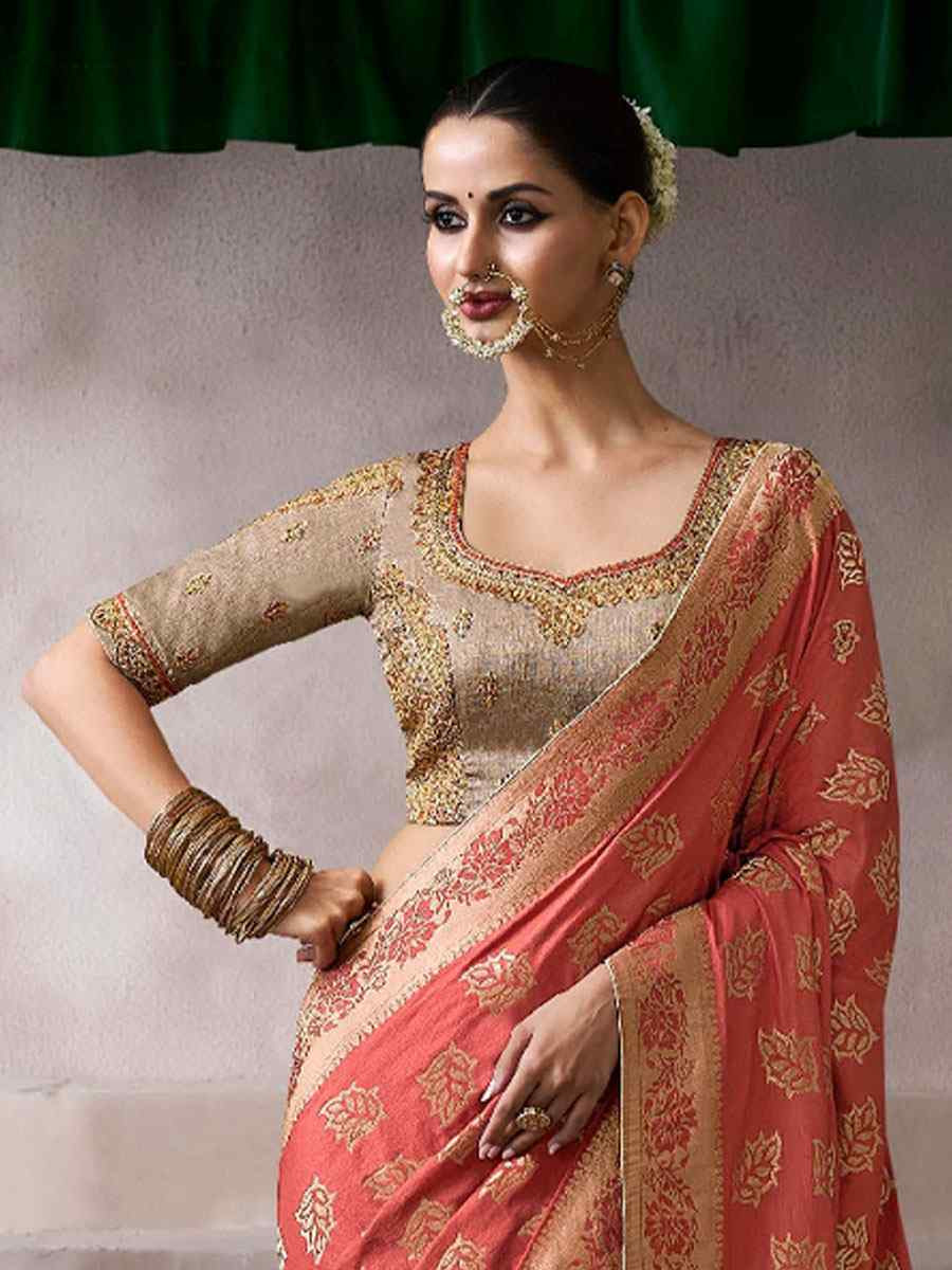 Peach Premium Pure Crepe Zari Handwoven Embroidery Bridal Reception Festival Wedding Fancy Heavy Border Sarees