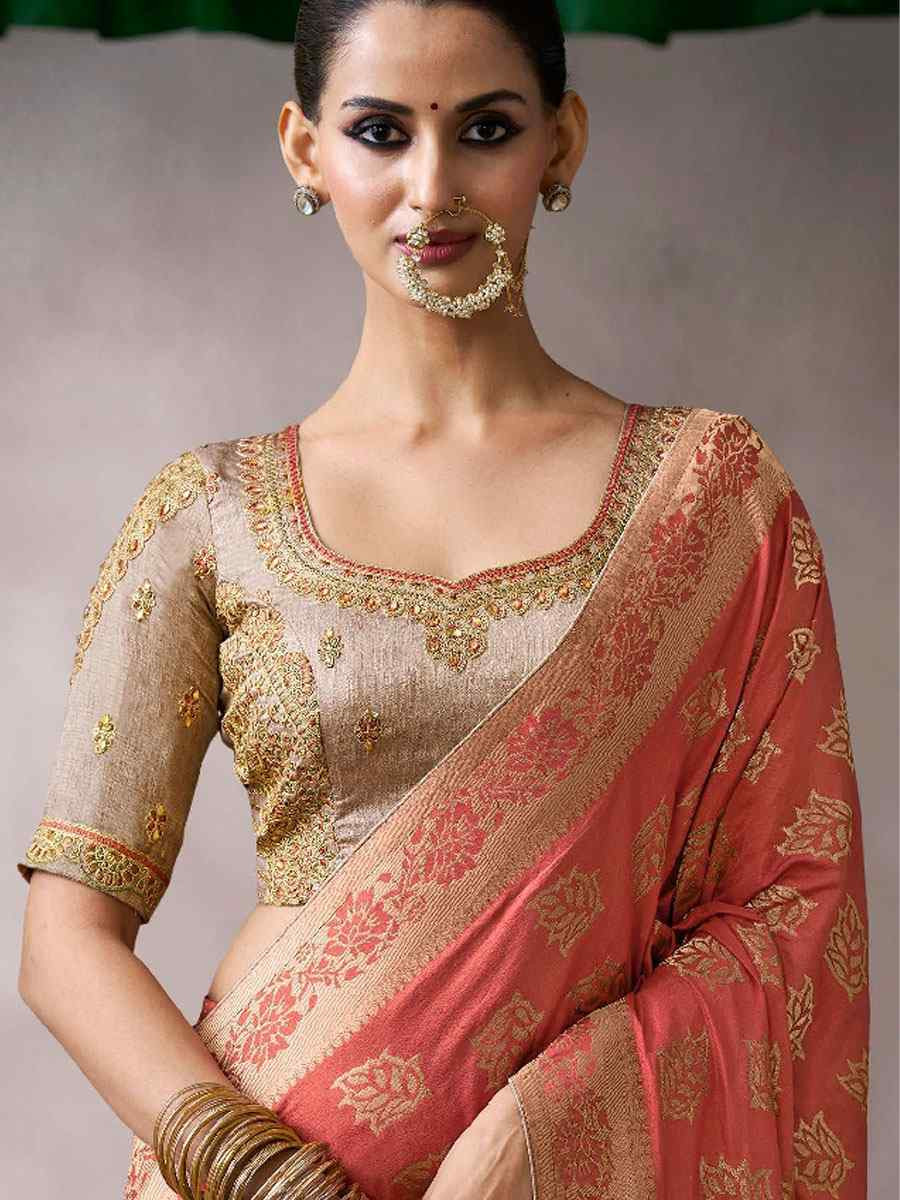 Peach Premium Pure Crepe Zari Handwoven Embroidery Bridal Reception Festival Wedding Fancy Heavy Border Sarees