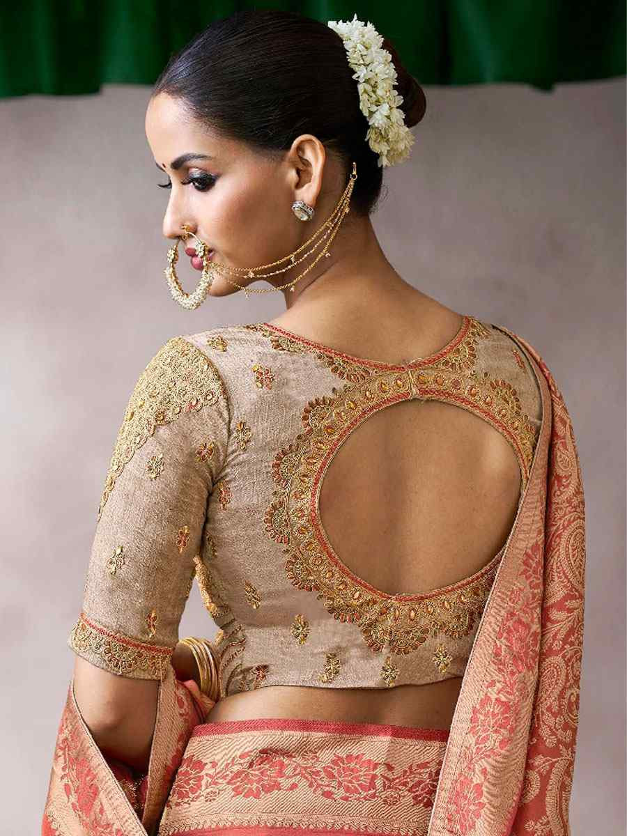 Peach Premium Pure Crepe Zari Handwoven Embroidery Bridal Reception Festival Wedding Fancy Heavy Border Sarees
