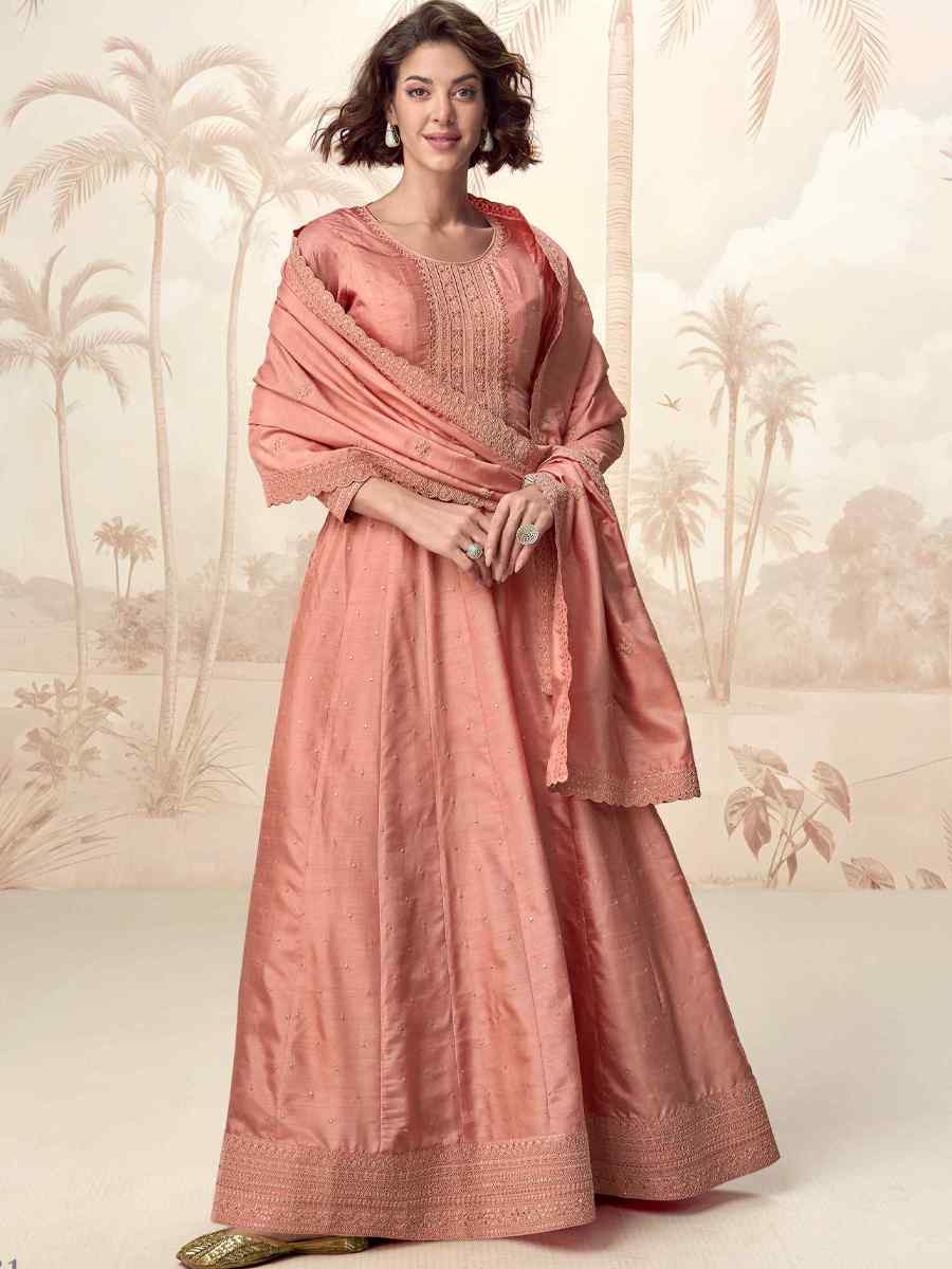 Peach Premium Silk Embroidered Festival Casual Gown
