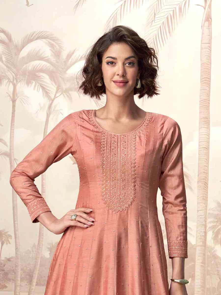 Peach Premium Silk Embroidered Festival Casual Gown
