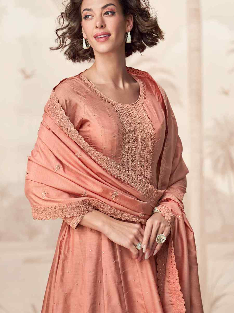 Peach Premium Silk Embroidered Festival Casual Gown