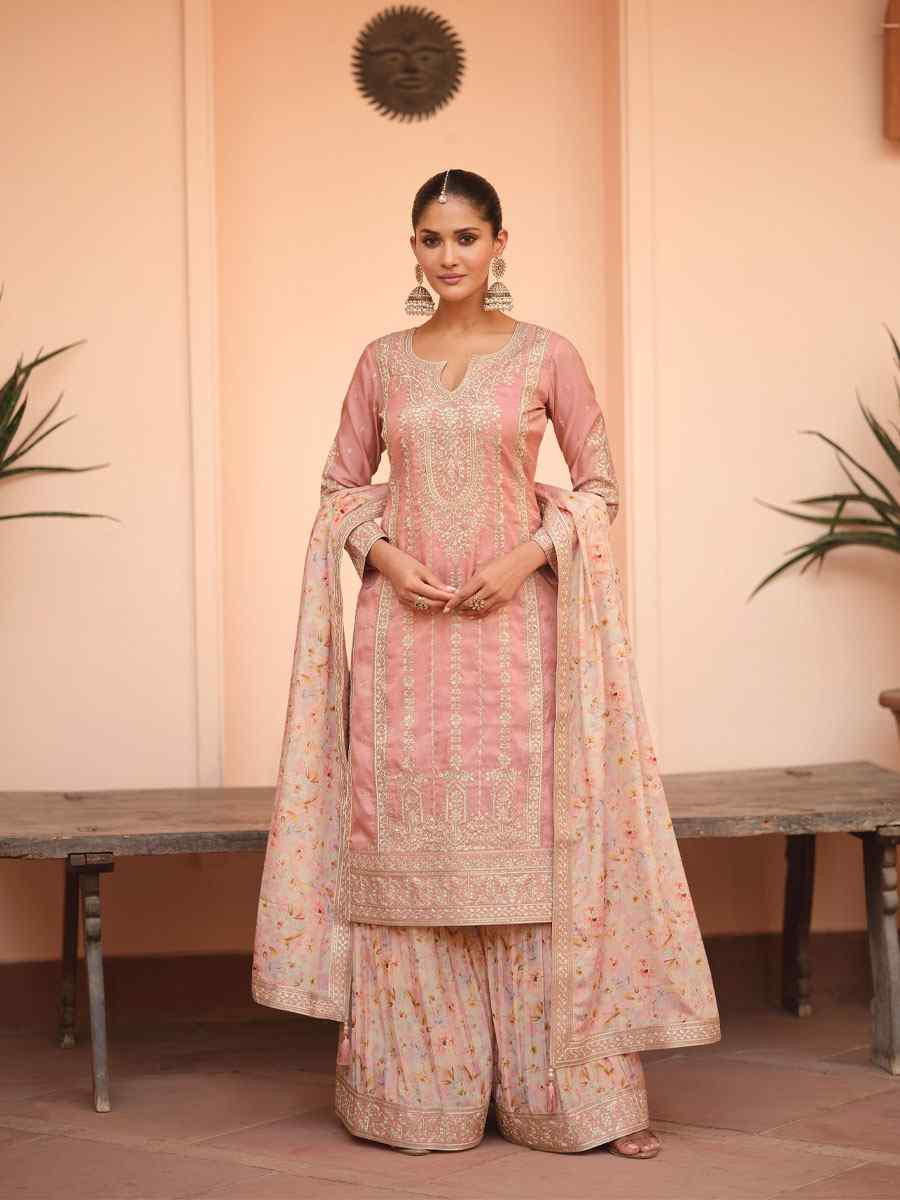 Peach Premium Simar Silk Embroidery Party Wedding Festival Casual Ready Palazzo Pant Salwar Kameez