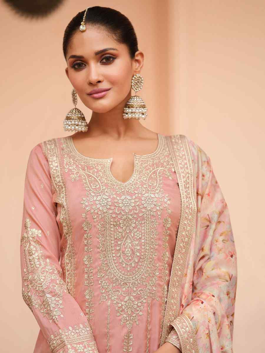 Peach Premium Simar Silk Embroidery Party Wedding Festival Casual Ready Palazzo Pant Salwar Kameez