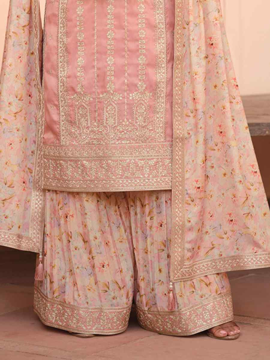 Peach Premium Simar Silk Embroidery Party Wedding Festival Casual Ready Palazzo Pant Salwar Kameez