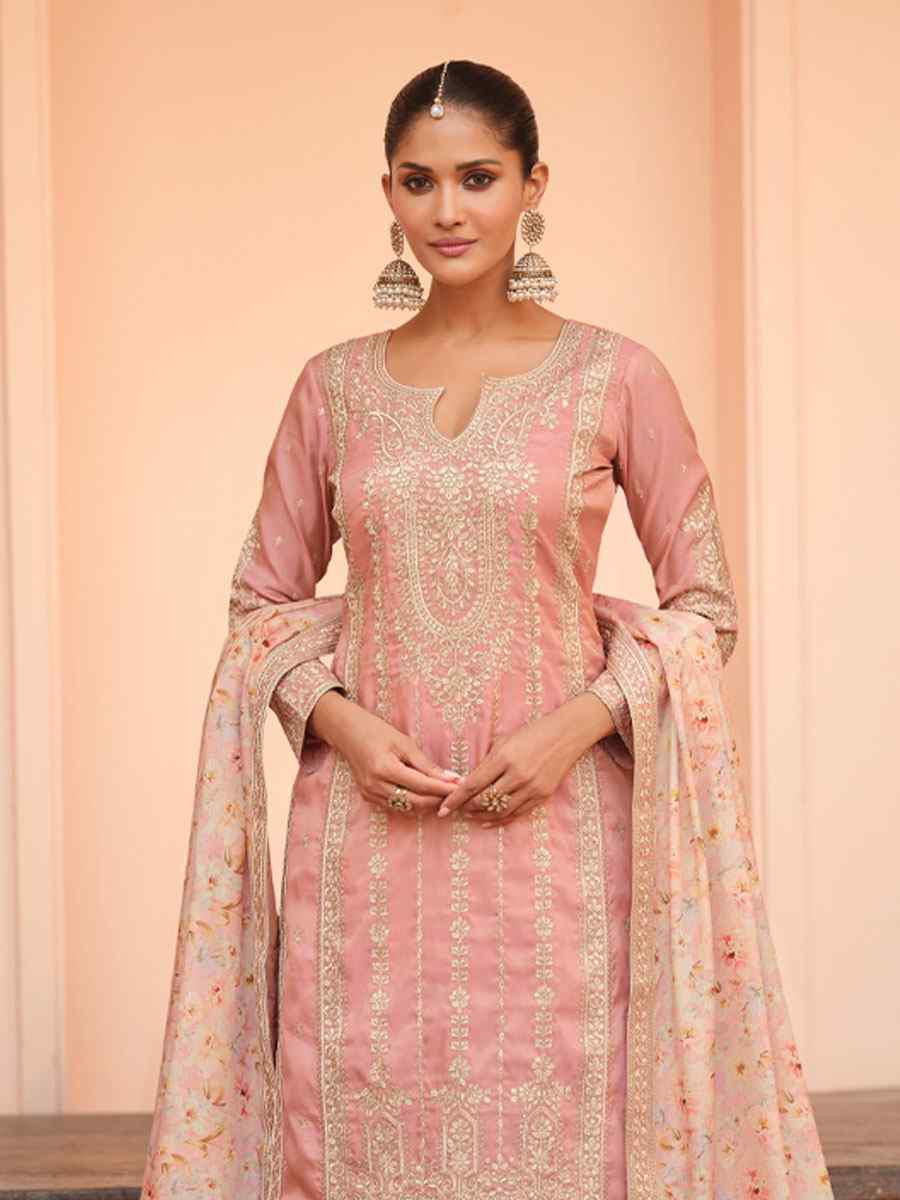 Peach Premium Simar Silk Embroidery Party Wedding Festival Casual Ready Palazzo Pant Salwar Kameez