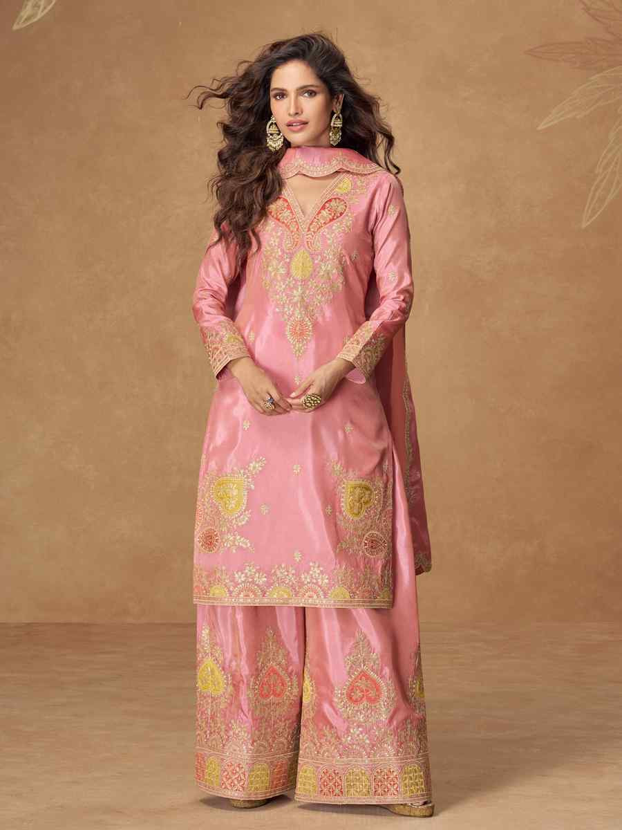 Peach Premium Simar Silk Embroidery Party Wedding Festival Casual Ready Palazzo Salwar Kameez