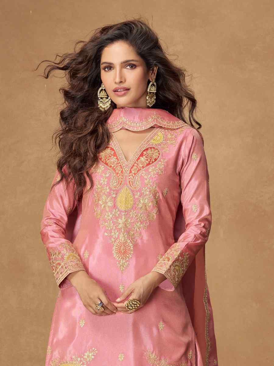 Peach Premium Simar Silk Embroidery Party Wedding Festival Casual Ready Palazzo Salwar Kameez