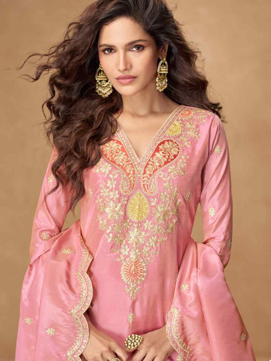 Peach Premium Simar Silk Embroidery Party Wedding Festival Casual Ready Palazzo Salwar Kameez