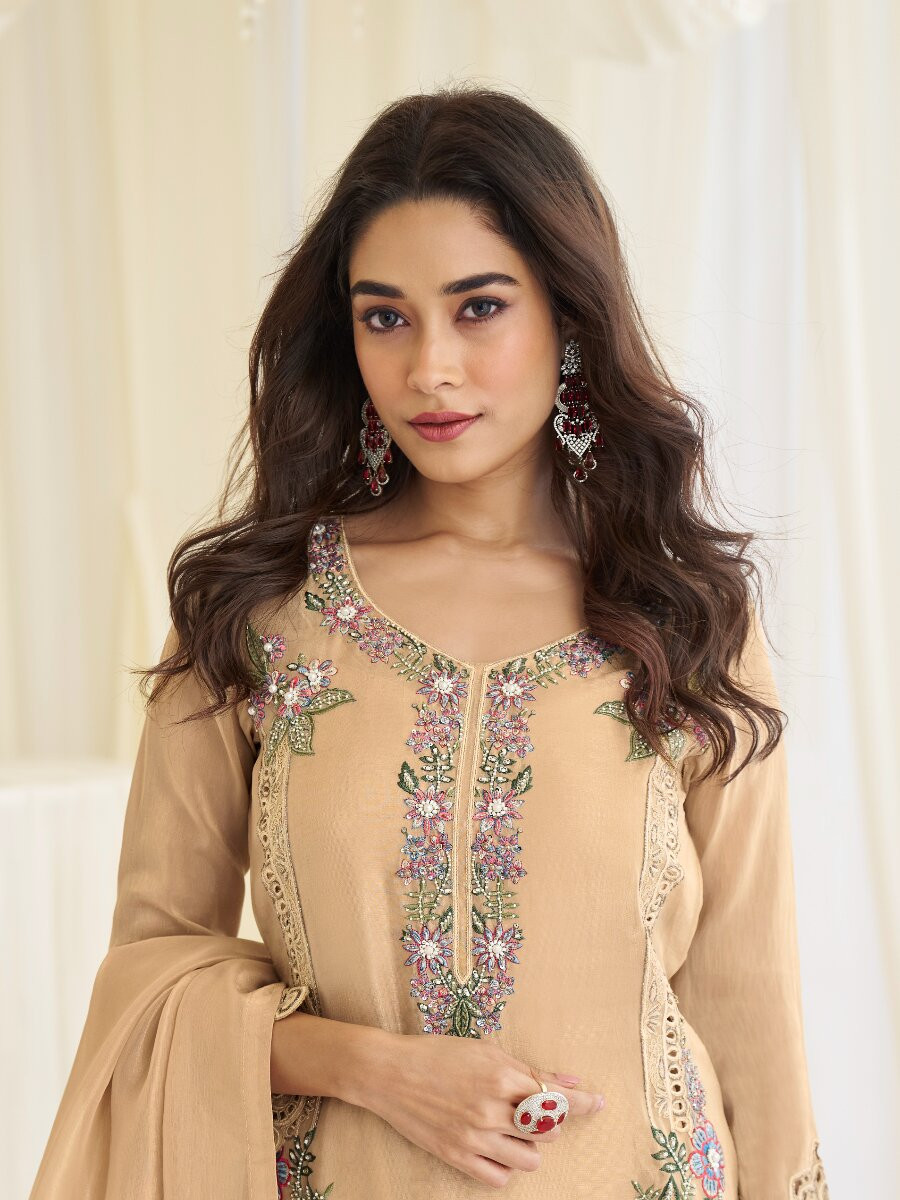 Peach Premium Simar Silk Embroidery Sequins Wedding Party Festival Casual Ready Palazzo Pant Salwar Kameez