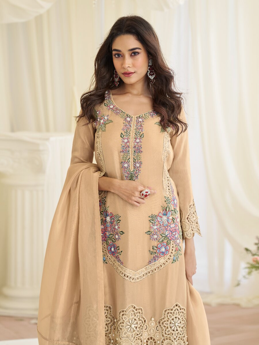Peach Premium Simar Silk Embroidery Sequins Wedding Party Festival Casual Ready Palazzo Pant Salwar Kameez