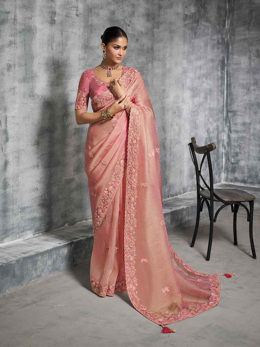 Peach Premium Tissue Silk Embroidery Traditional Casual Reception Festival Wedding Fancy Heavy Border Saree