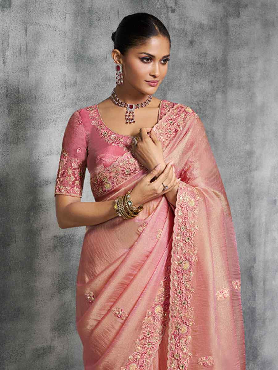 Peach Premium Tissue Silk Embroidery Traditional Casual Reception Festival Wedding Fancy Heavy Border Saree