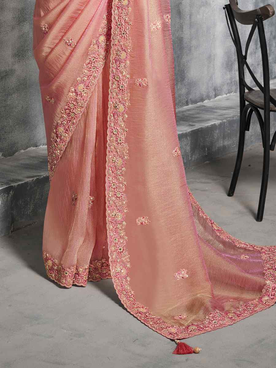 Peach Premium Tissue Silk Embroidery Traditional Casual Reception Festival Wedding Fancy Heavy Border Saree